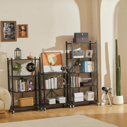 Black 4-tier foldable storage shelf on wheels with open metal frame