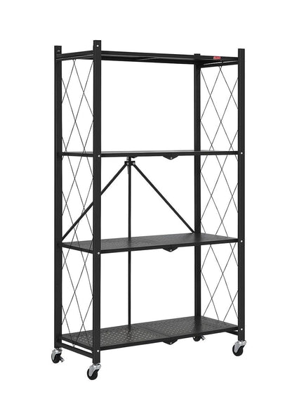 Black 4-tier foldable storage shelf on wheels with open metal frame