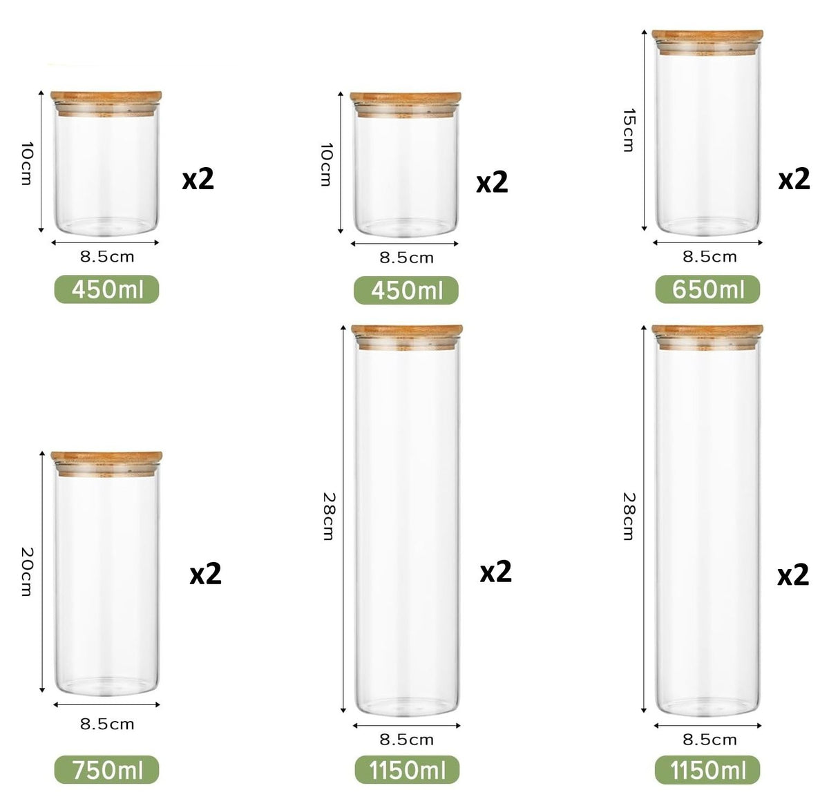 Twelve clear glass storage jars with bamboo lids in assorted sizes for pantry organisation