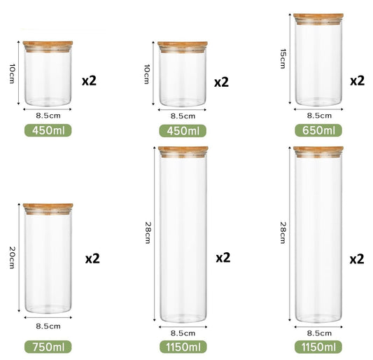 Twelve clear glass storage jars with bamboo lids in assorted sizes for pantry organisation