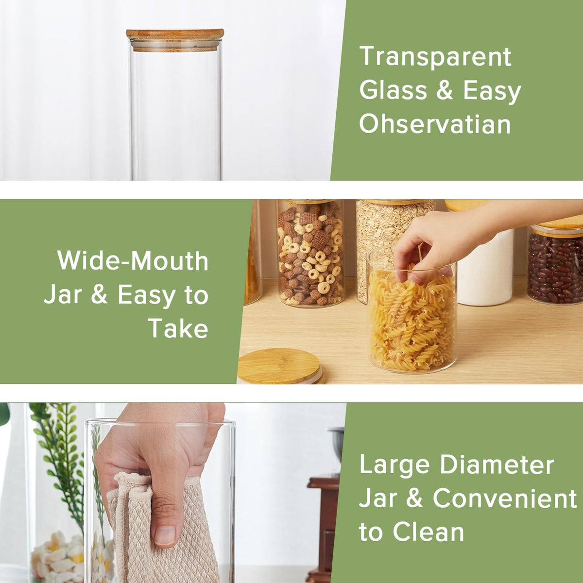 Twelve clear glass storage jars with bamboo lids in assorted sizes for pantry organisation