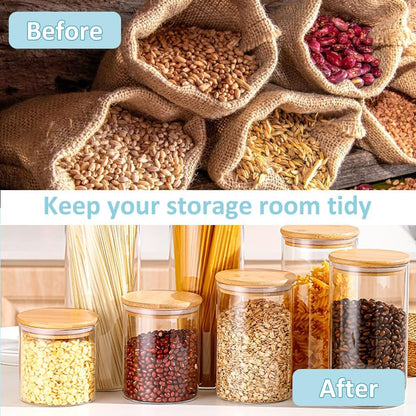 Twelve clear glass storage jars with bamboo lids in assorted sizes for pantry organisation