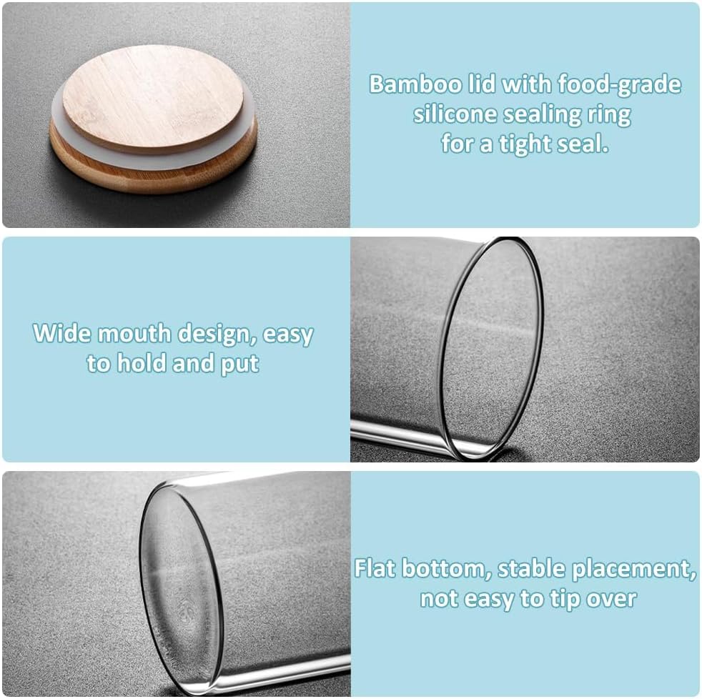 Twelve clear glass storage jars with bamboo lids in assorted sizes for pantry organisation