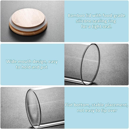 Twelve clear glass storage jars with bamboo lids in assorted sizes for pantry organisation