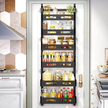 Black over-the-door metal storage rack with six baskets and top hooks