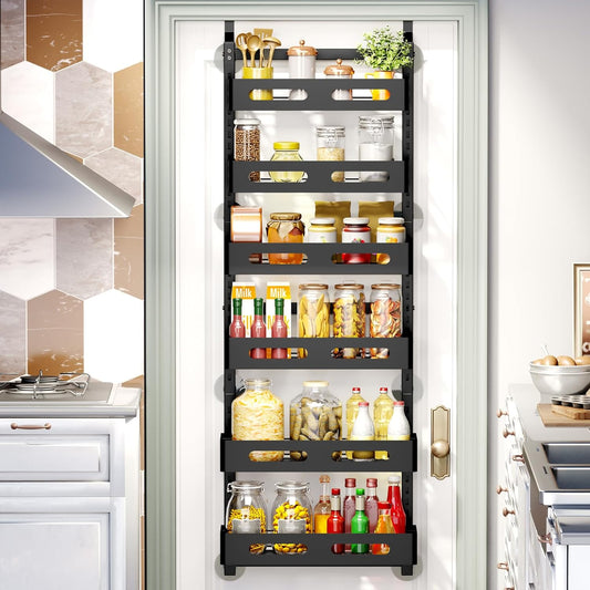 Black over-the-door metal storage rack with six baskets and top hooks