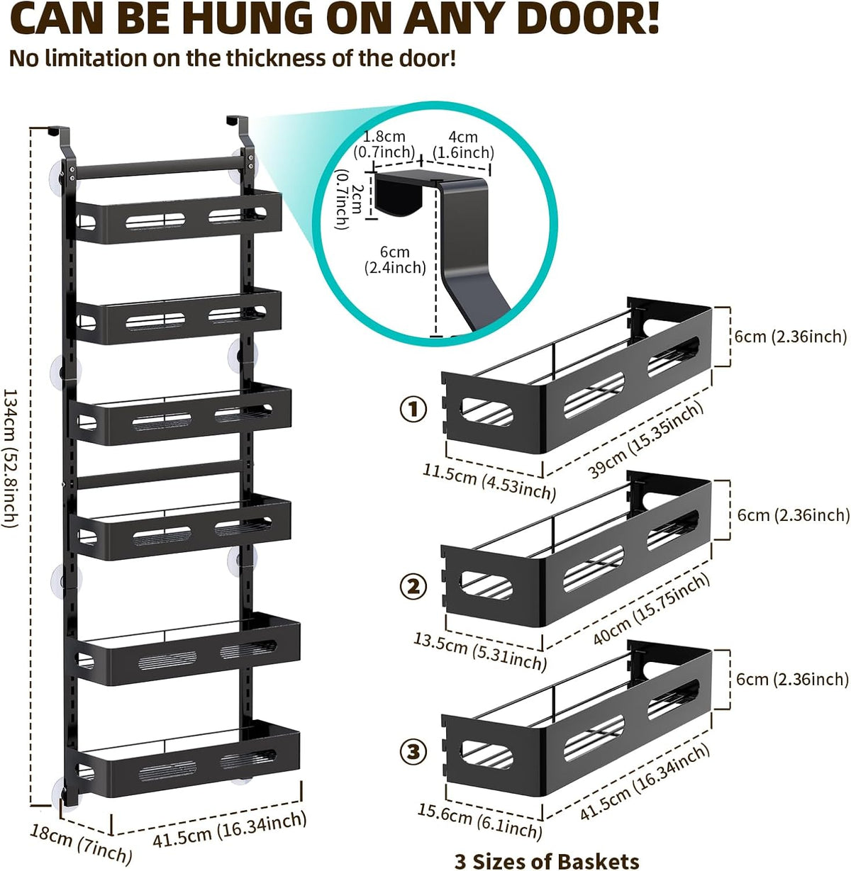 Black over-the-door metal storage rack with six baskets and top hooks
