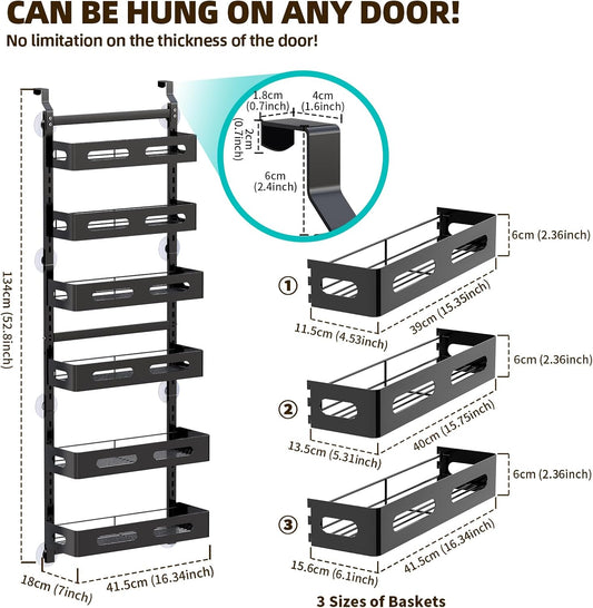Black over-the-door metal storage rack with six baskets and top hooks