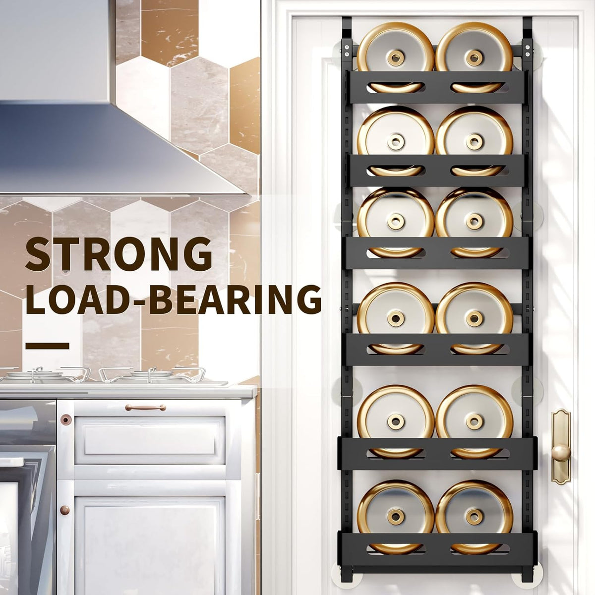 Black over-the-door metal storage rack with six baskets and top hooks