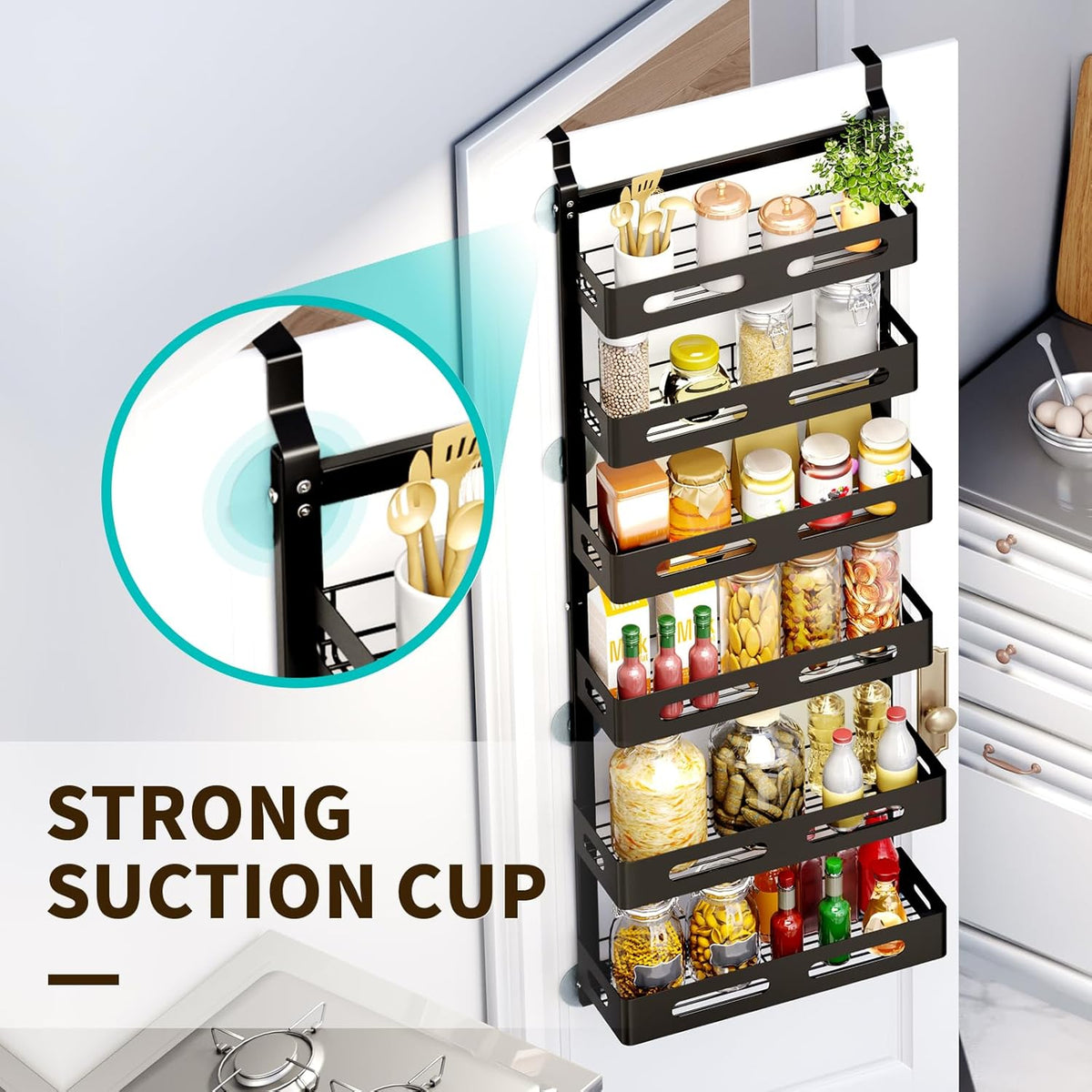 Black over-the-door metal storage rack with six baskets and top hooks
