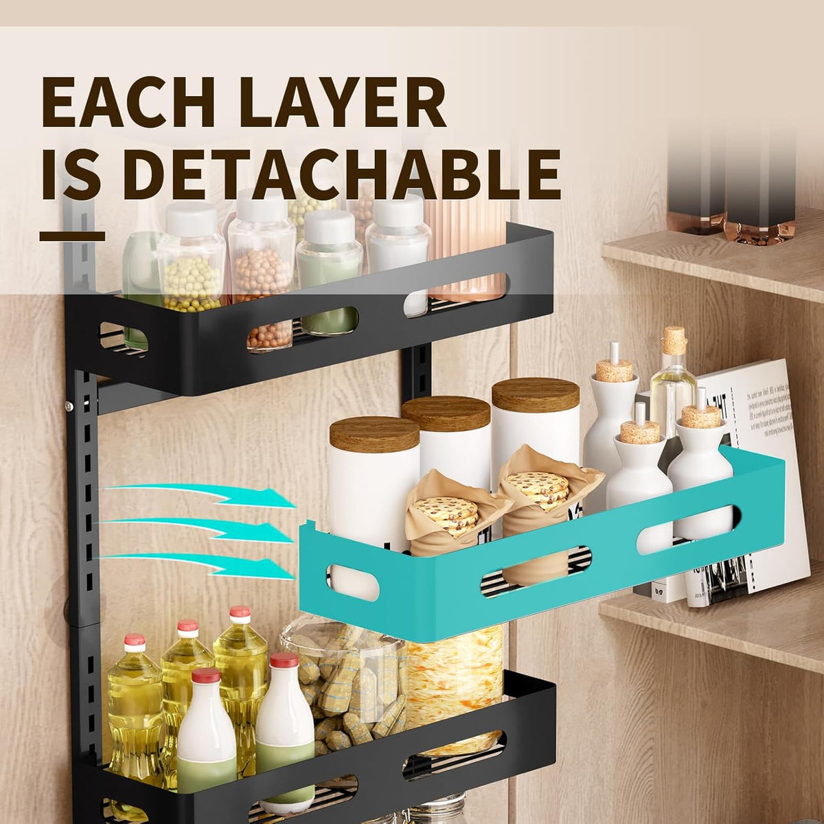 Black over-the-door metal storage rack with six baskets and top hooks