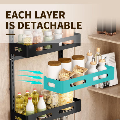 Black over-the-door metal storage rack with six baskets and top hooks