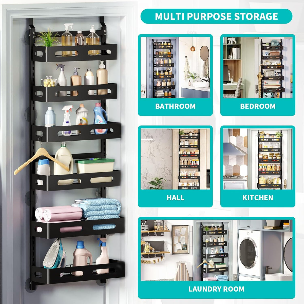 Black over-the-door metal storage rack with six baskets and top hooks