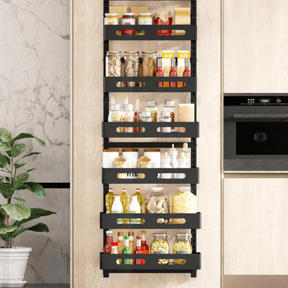Black over-the-door metal storage rack with six baskets and top hooks