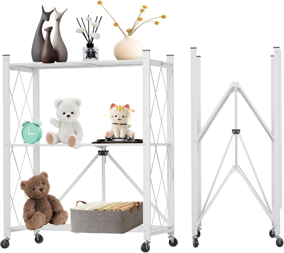 White 3-tier foldable storage shelf on wheels