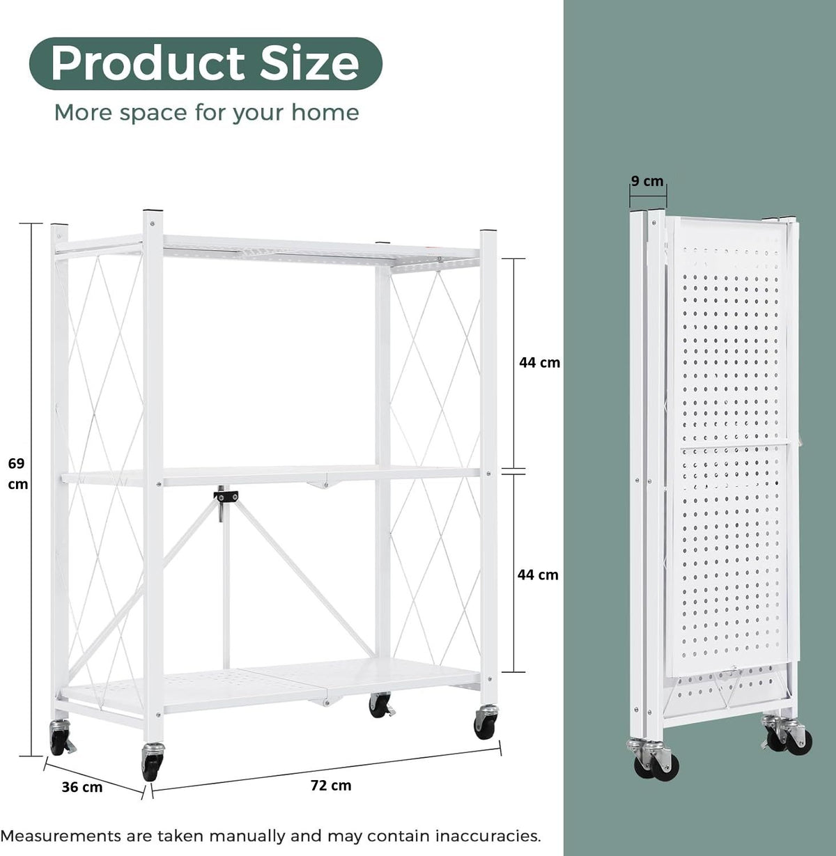 White 3-tier foldable storage shelf on wheels