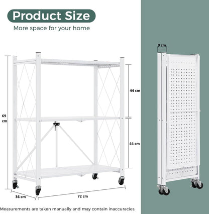 White 3-tier foldable storage shelf on wheels