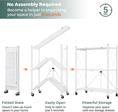 White 3-tier foldable storage shelf on wheels