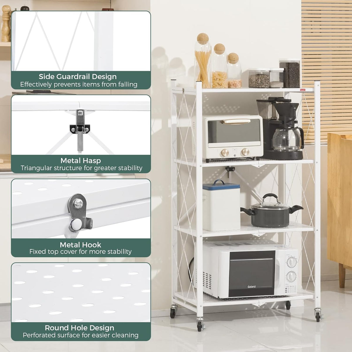 White 3-tier foldable storage shelf on wheels
