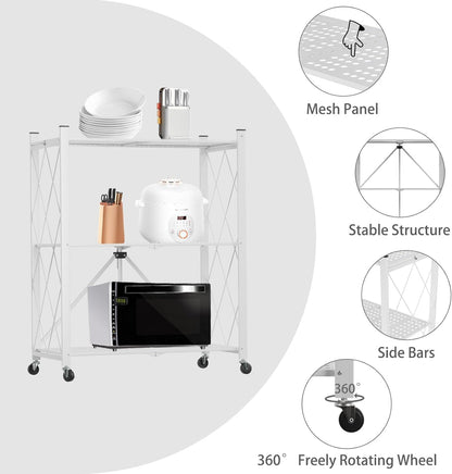 White 3-tier foldable storage shelf on wheels