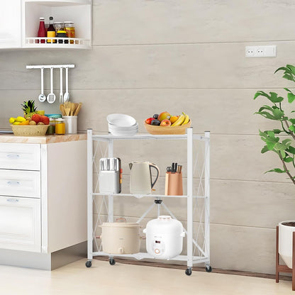 White 3-tier foldable storage shelf on wheels