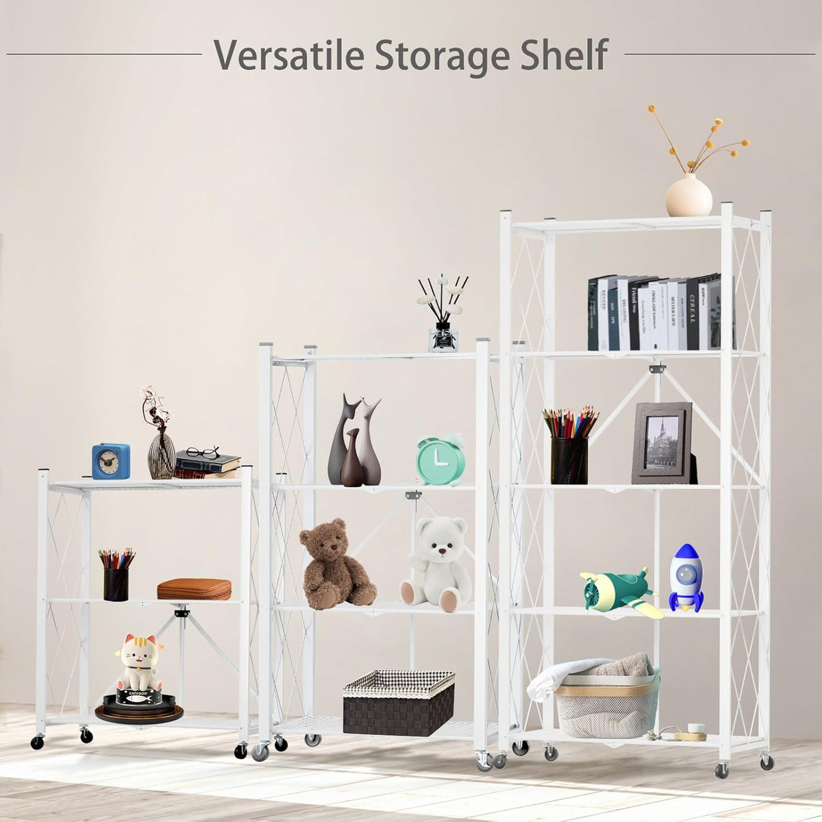 White 3-tier foldable storage shelf on wheels