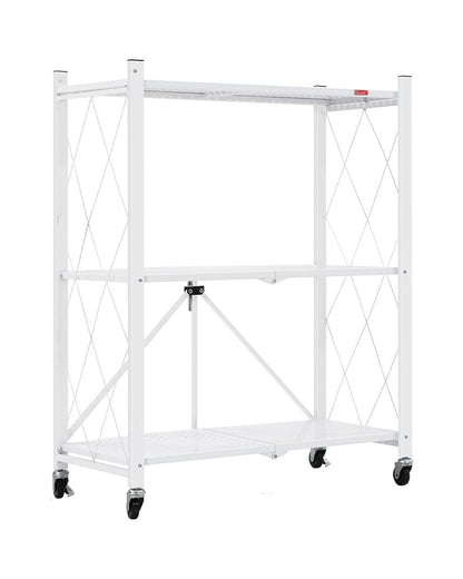 White 3-tier foldable storage shelf on wheels