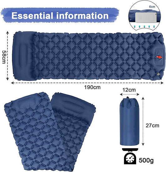 Ultralight inflatable camping sleeping pad with built-in pillow