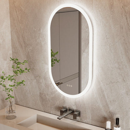 Oval wall-mounted LED bathroom mirror with illuminated frame