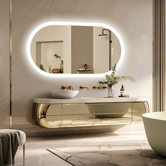Oval wall-mounted LED bathroom mirror with illuminated frame