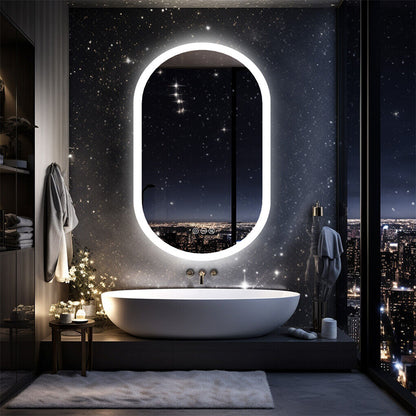 Oval wall-mounted LED bathroom mirror with illuminated frame