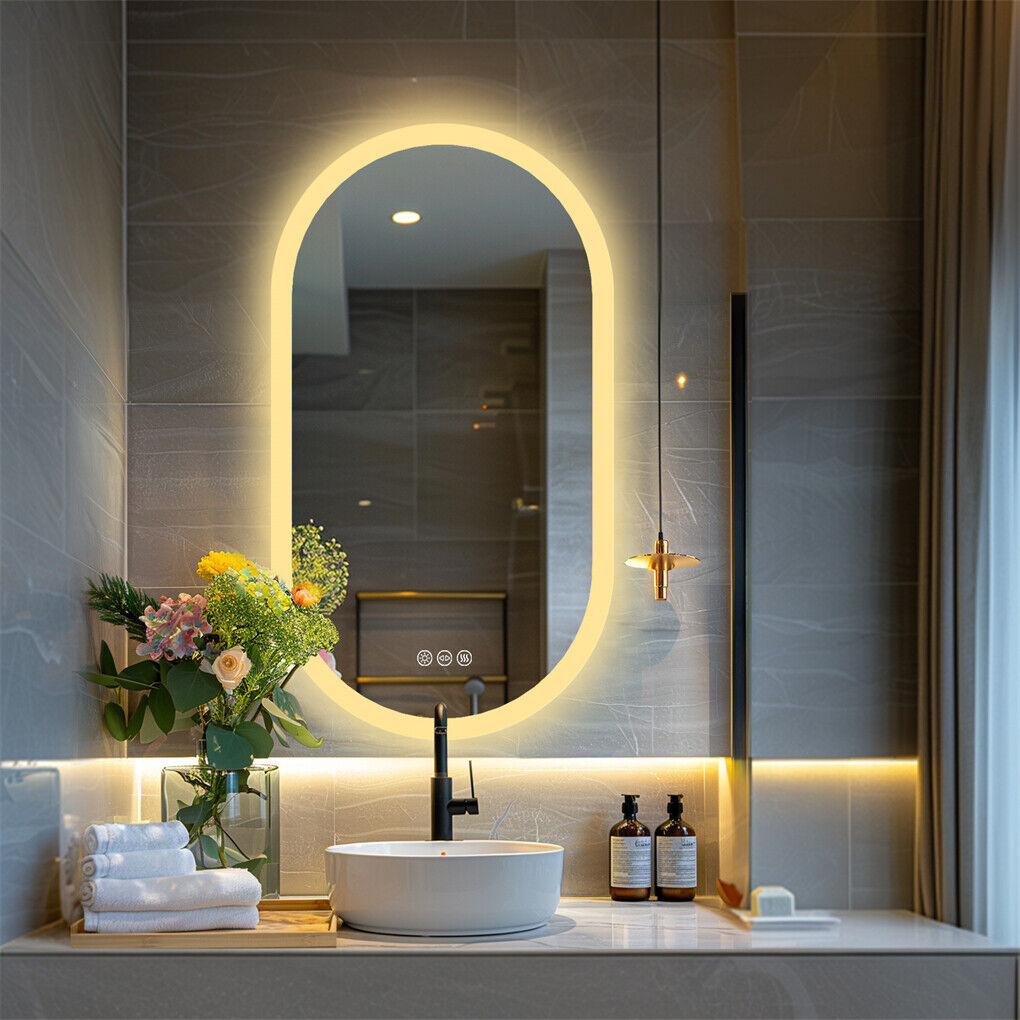 Oval wall-mounted LED bathroom mirror with illuminated frame