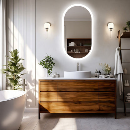 Oval wall-mounted LED bathroom mirror with illuminated frame