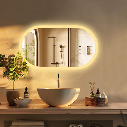 Oval wall-mounted LED bathroom mirror with illuminated frame