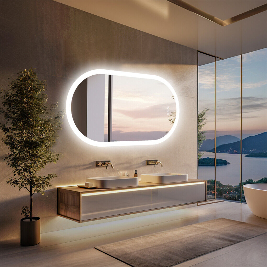 Oval wall-mounted LED bathroom mirror with illuminated frame