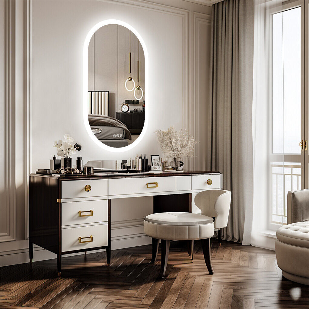 Oval wall-mounted LED bathroom mirror with illuminated frame