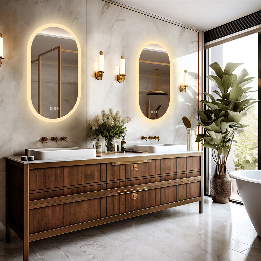 Oval wall-mounted LED bathroom mirror with illuminated frame