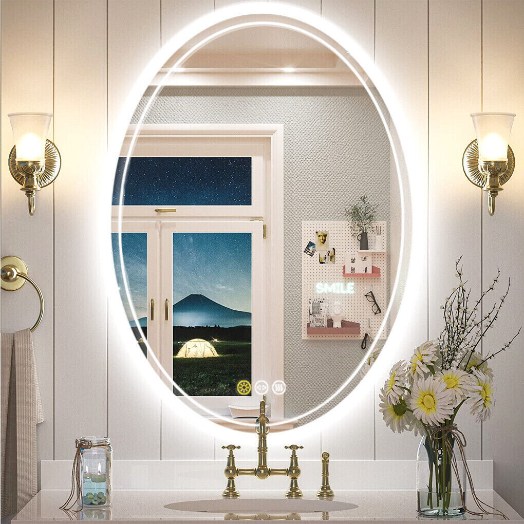 Oval LED bathroom mirror with touch control and lit frame