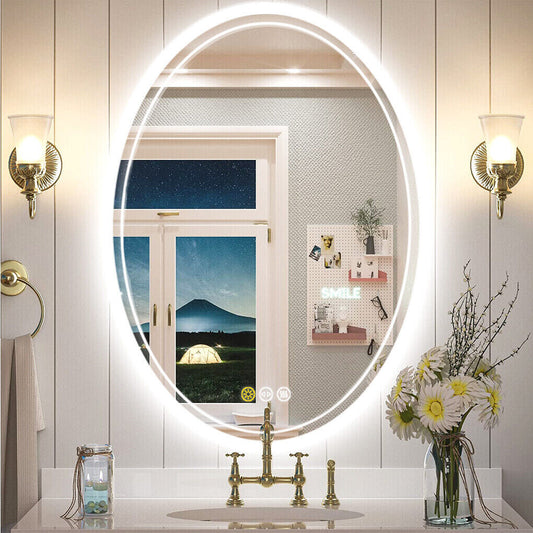 Oval LED bathroom mirror with touch control and lit frame