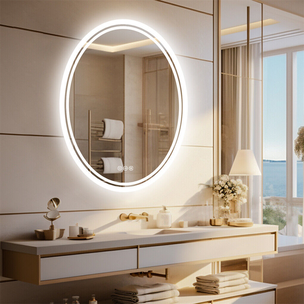 Oval LED bathroom mirror with touch control and lit frame