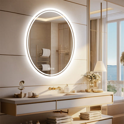 Oval LED bathroom mirror with touch control and lit frame