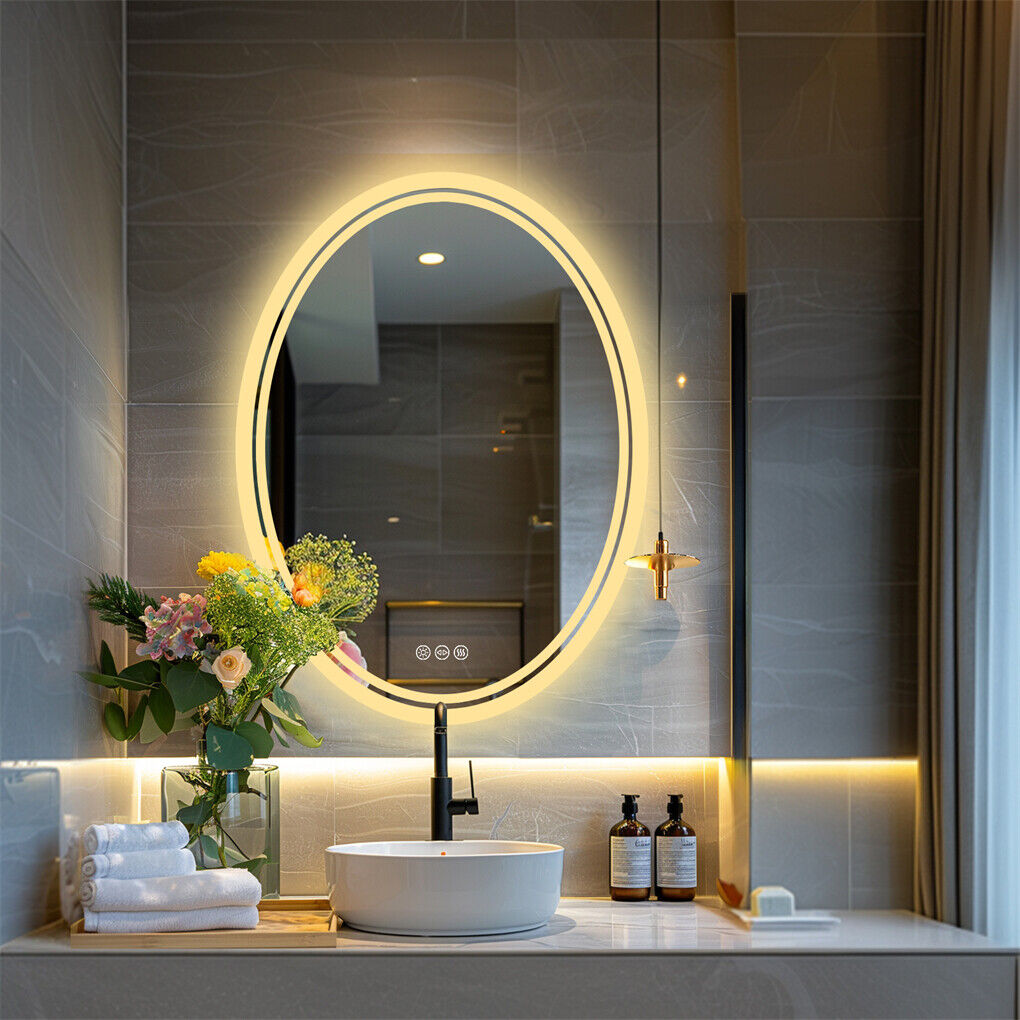 Oval LED bathroom mirror with touch control and lit frame