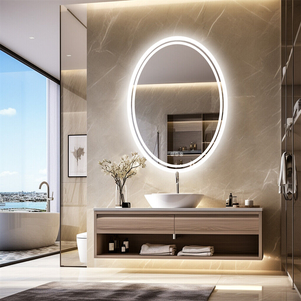 Oval LED bathroom mirror with touch control and lit frame