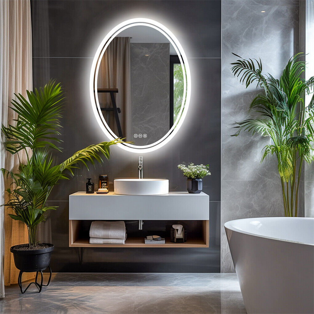Oval LED bathroom mirror with touch control and lit frame