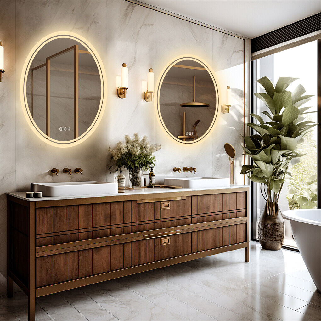 Oval LED bathroom mirror with touch control and lit frame