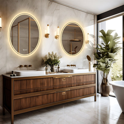 Oval LED bathroom mirror with touch control and lit frame
