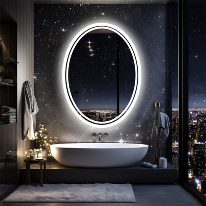 Oval LED bathroom mirror with touch control and lit frame