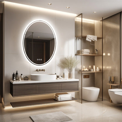 Oval LED bathroom mirror with touch control and lit frame