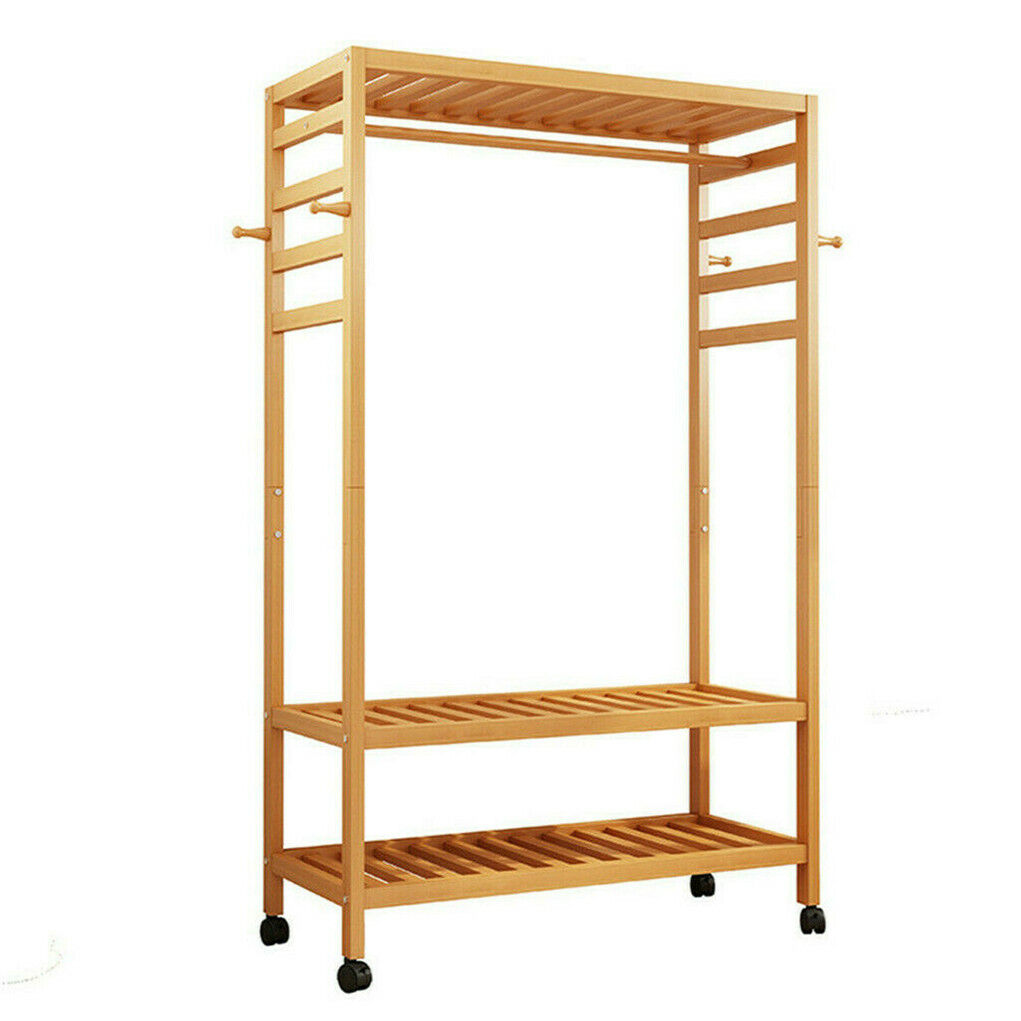 Three-tier bamboo clothes rack on wheels with side hooks and shelves