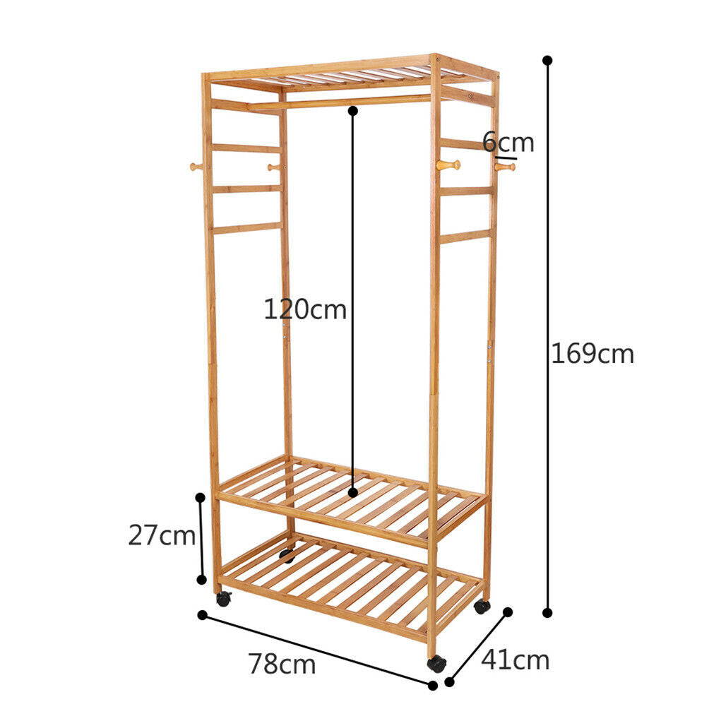 Three-tier bamboo clothes rack on wheels with side hooks and shelves